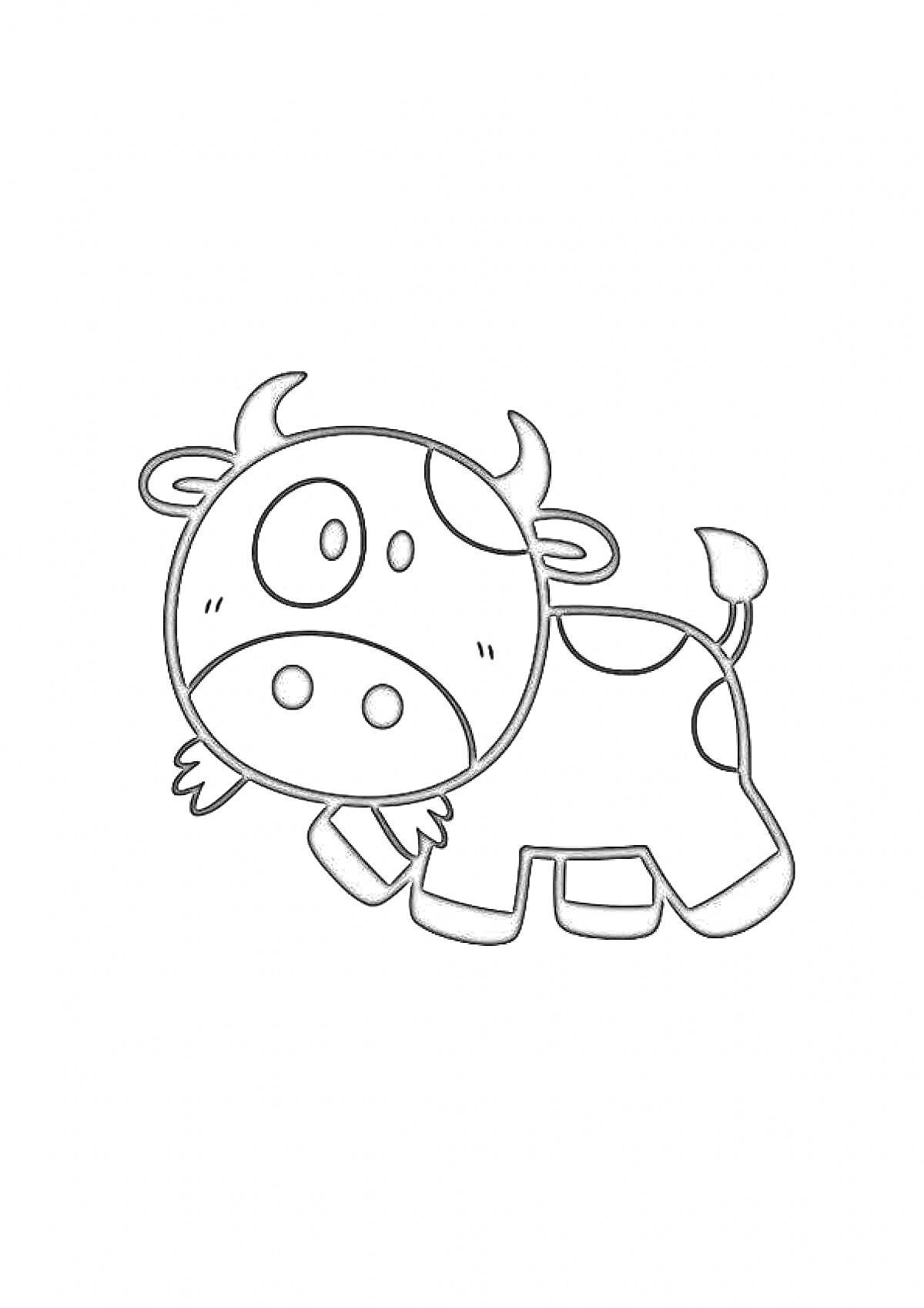 На раскраске изображено: Бык, Пятна, Большие глаза, Рога, Хвост, Для детей