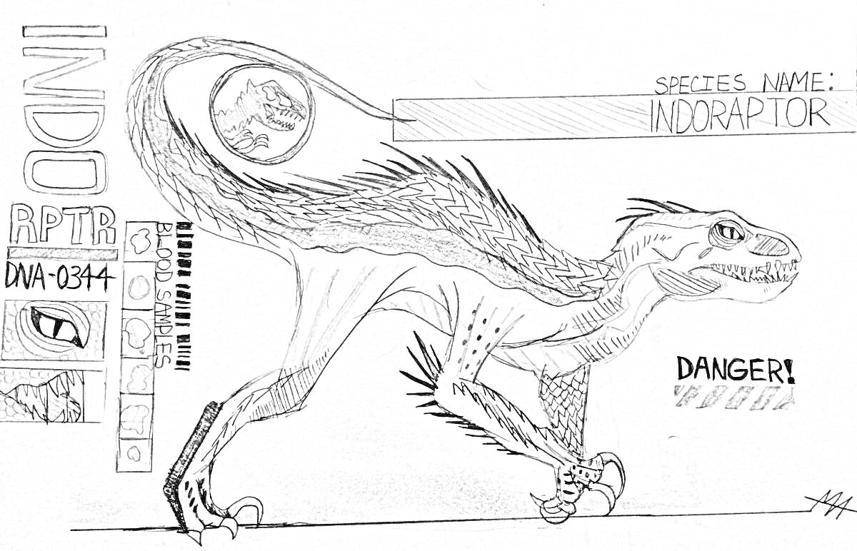 Раскраска Индораптор, надпись Species Name: Indoraptor, надпись Danger!, надпись RPTR DNA-0314, надпись INDO, логотип с динозавром, иконки с прицелом, клешней и биоопасностью, рисунок клетки