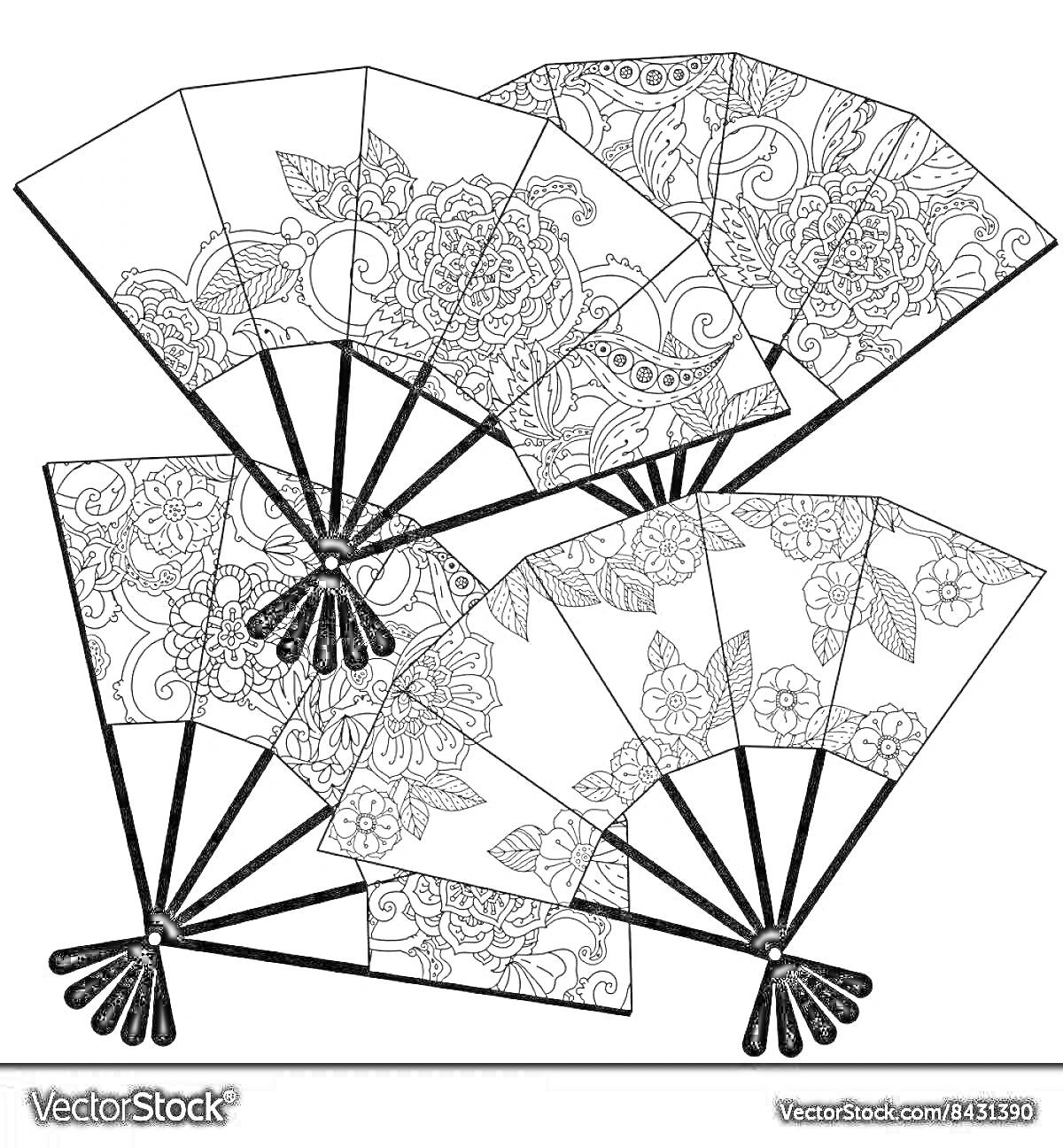Раскраска Три китайских веера с узорами цветов и листьев на каждом