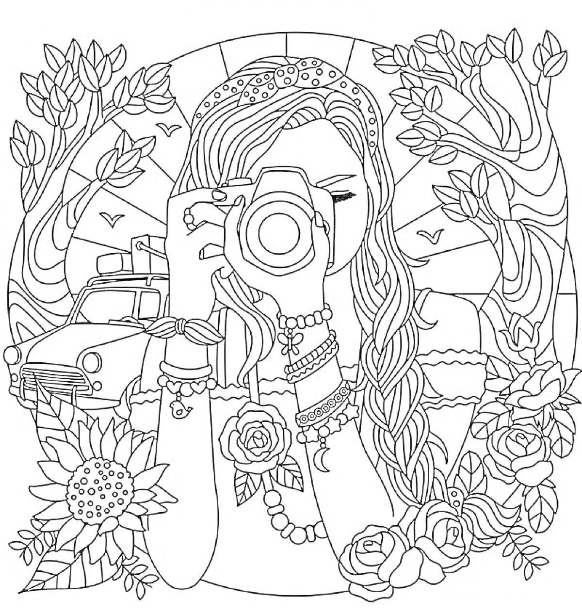 Раскраска Девушка с фотоаппаратом среди деревьев, автомобиля и цветов