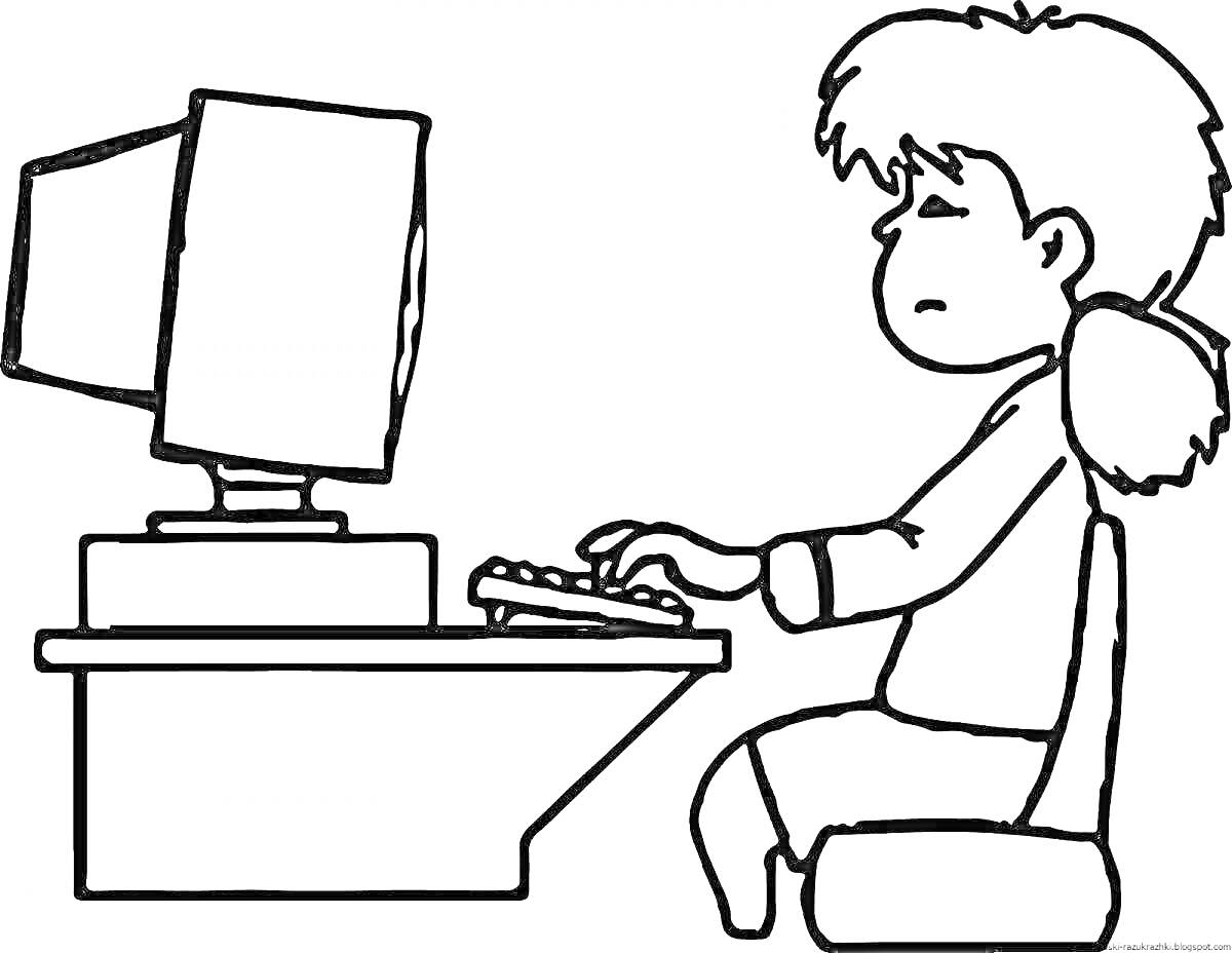 На раскраске изображено: Мальчик, Компьютер, Клавиатура, Стул, Стол, Монитор, Для детей