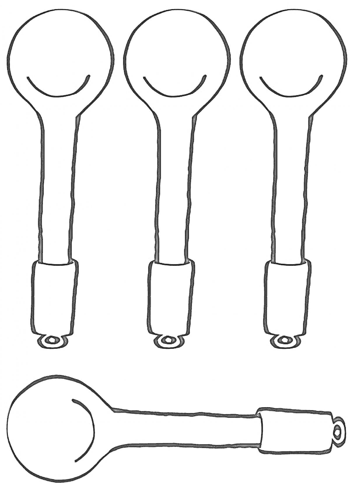 Раскраска Три вертикальные деревянные ложки и одна горизонтальная деревянная ложка
