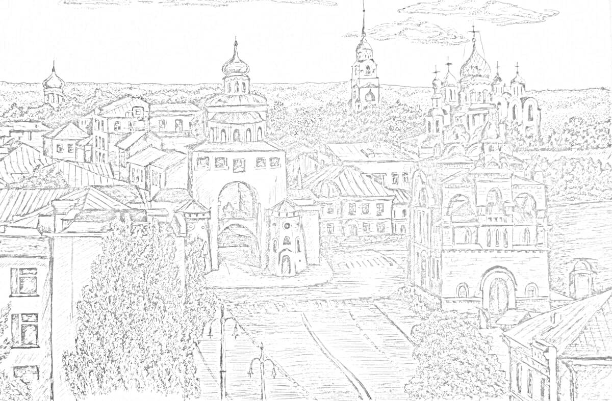 На раскраске изображено: Золотые ворота, Церкви, Архитектура, Пейзаж, Исторические здания