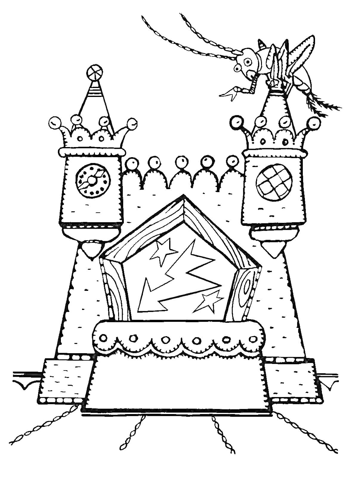 Раскраска Замок с башнями и сверчком