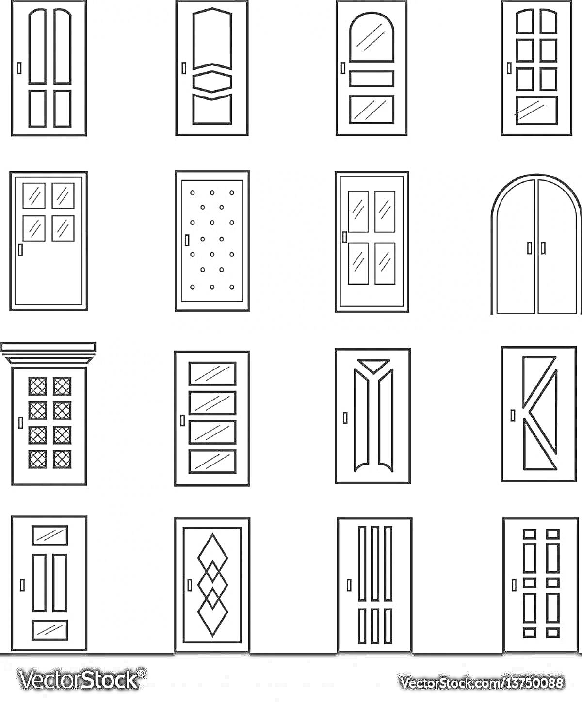 Раскраска Коллекция дверей с различными дизайнами и формами