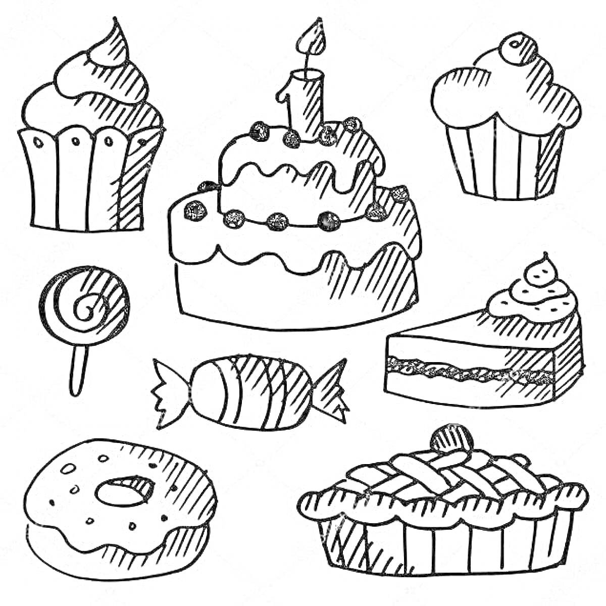 Раскраска Кексики, пирог, торт с свечой, пирожное, пирог с решеткой, карамелька, леденец