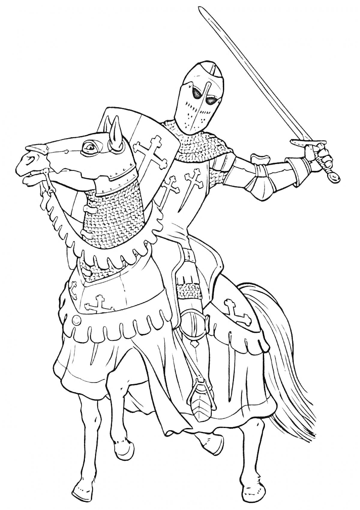 На раскраске изображено: Лошадь, Доспехи, Меч, Всадник, Средневековье, Рыцари