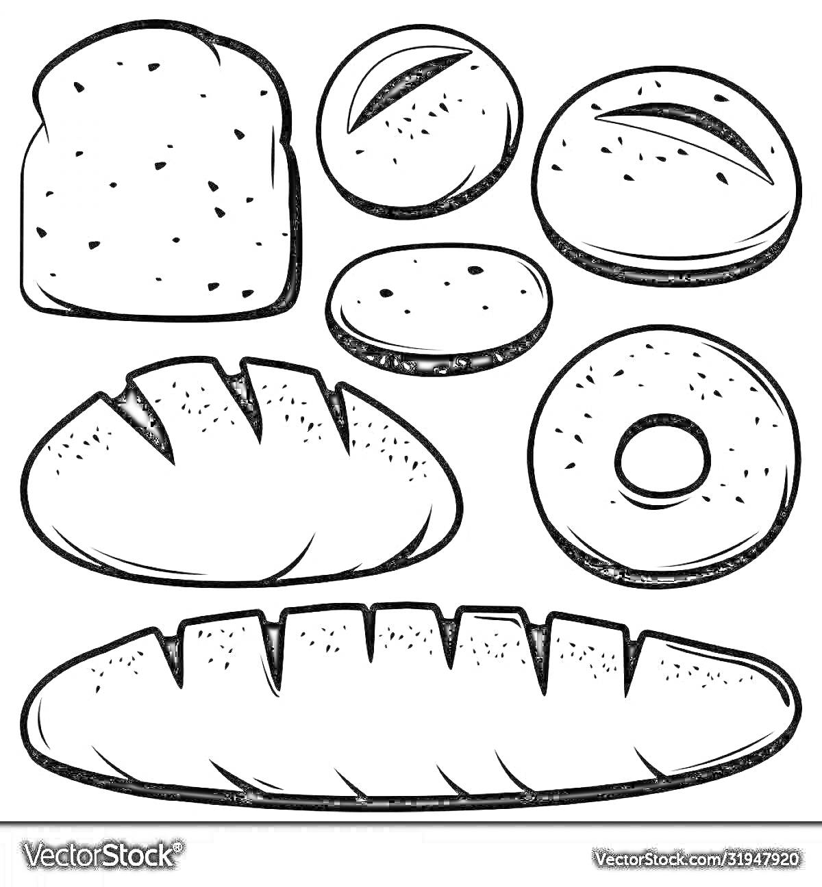 Раскраска различный хлеб, включая квадратный, круглый, с продольными надрезами, с дыркой посередине и длинный батон