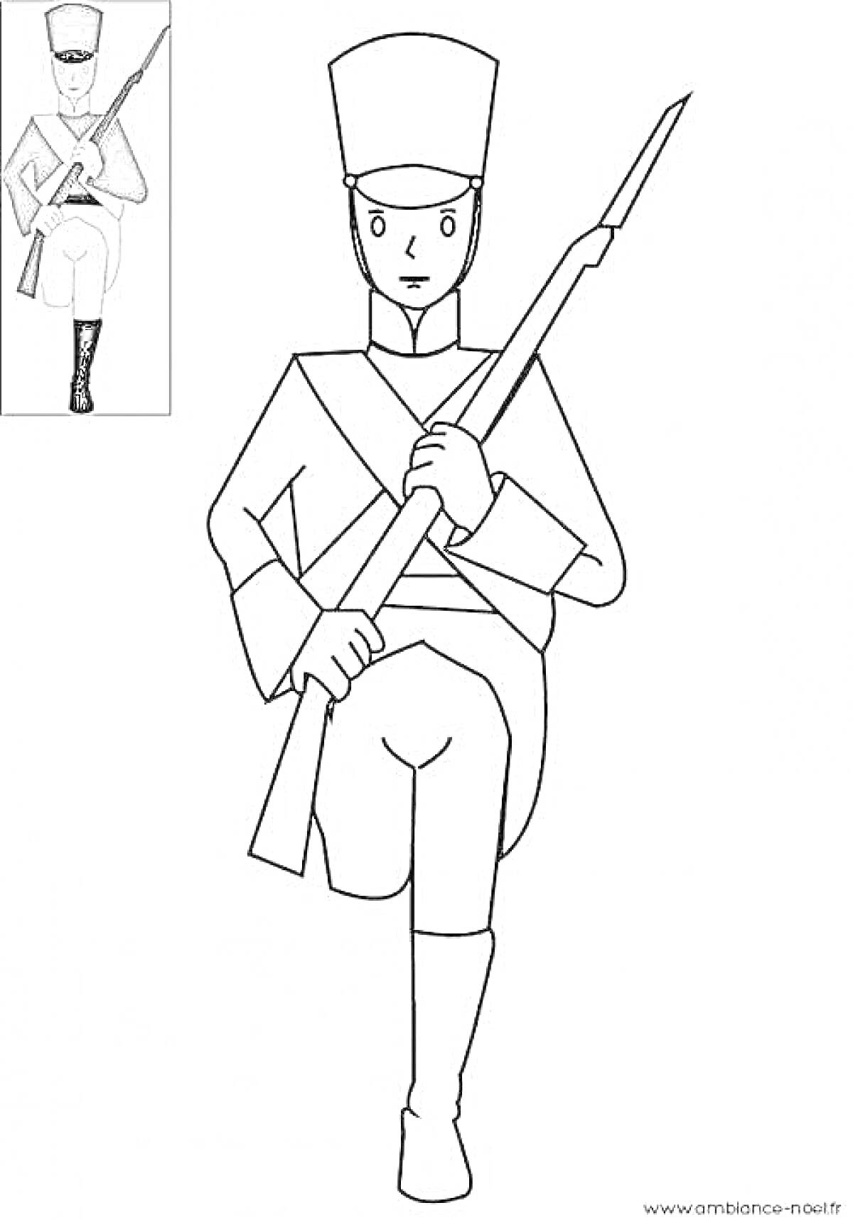 Раскраска Солдатик в форме с ружьем на плече, марширующий, под картинкой цветной пример