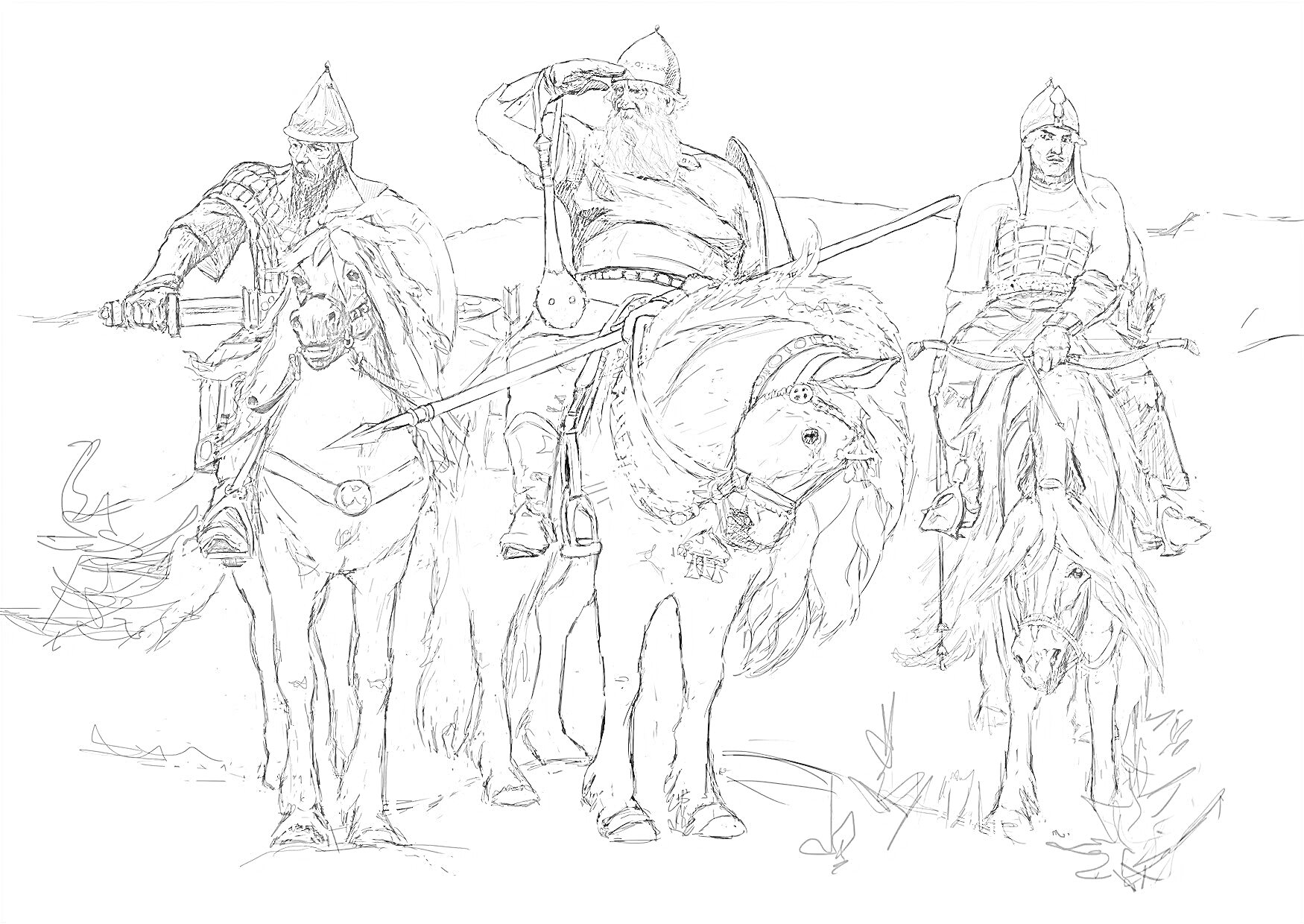 Раскраска Три богатыря на конях — богатыри в шлемах, с копьями и мечами, гуси слева