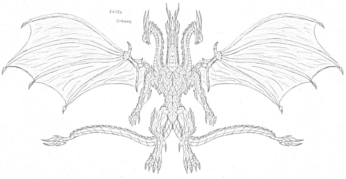 Раскраска Кинг Гидора с тремя головами, двумя крыльями и двумя хвостами