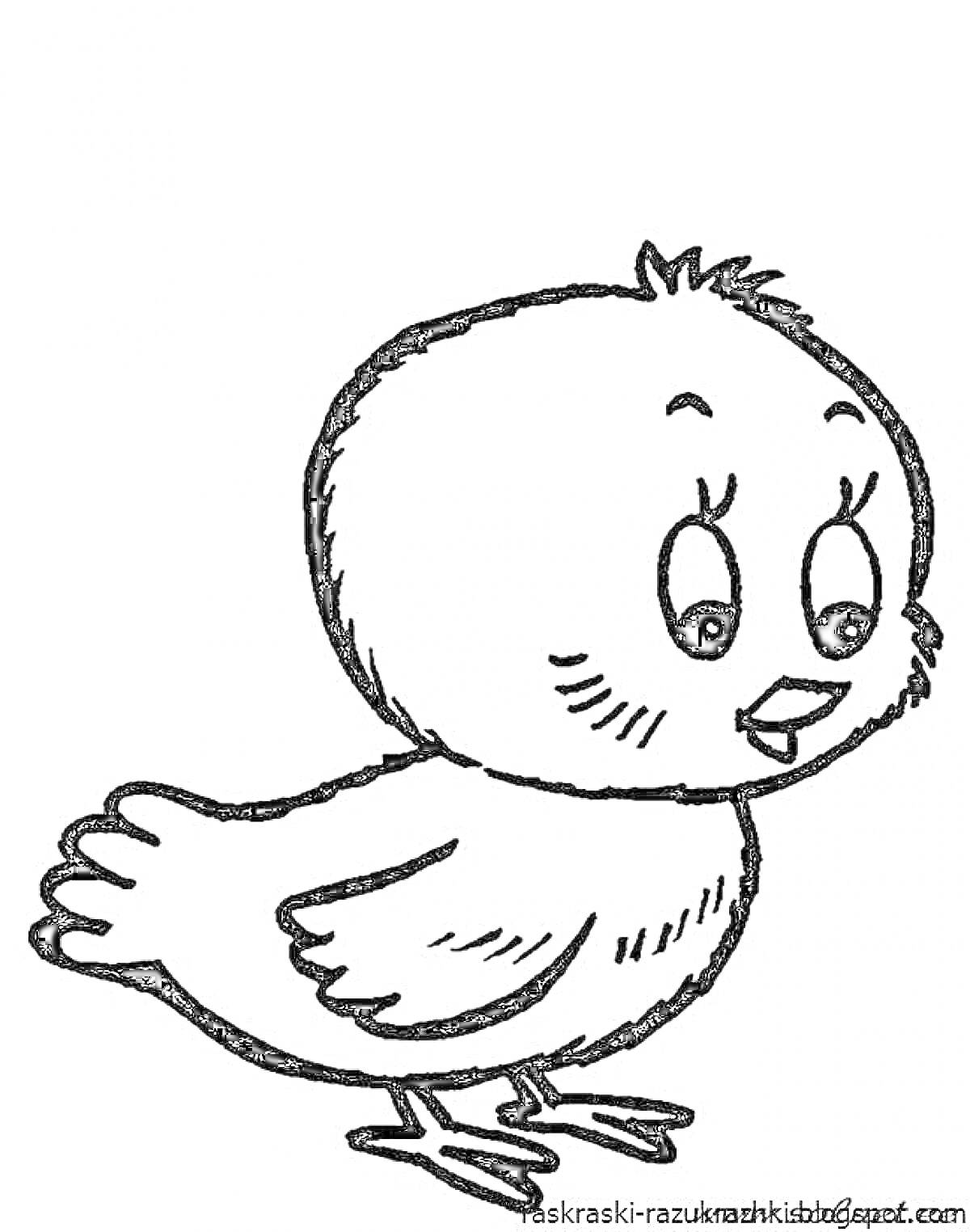 Раскраска Цыпленок с большими глазами и коротким хвостом стоит боком