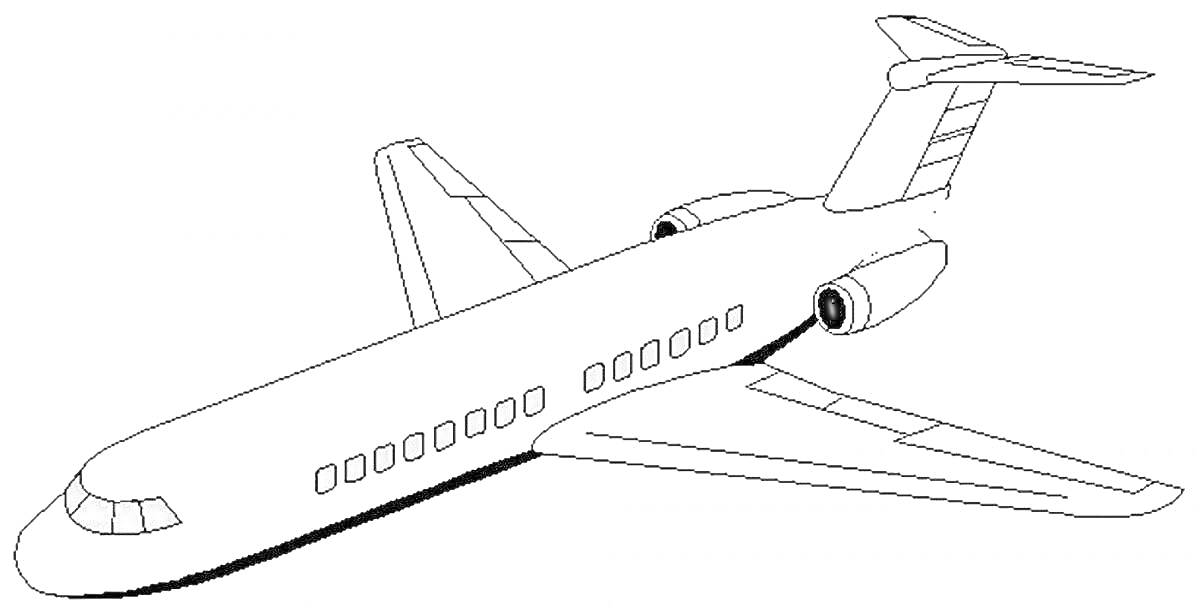 Раскраска Пассажирский самолет с окнами, крыльями и двигателями.