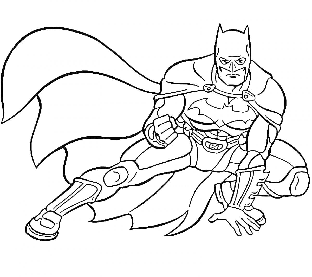 Раскраска Бэтмен в боевой позе с плащом (на земле, кулак сжат, маска и бронированный костюм с логотипом летучей мыши)