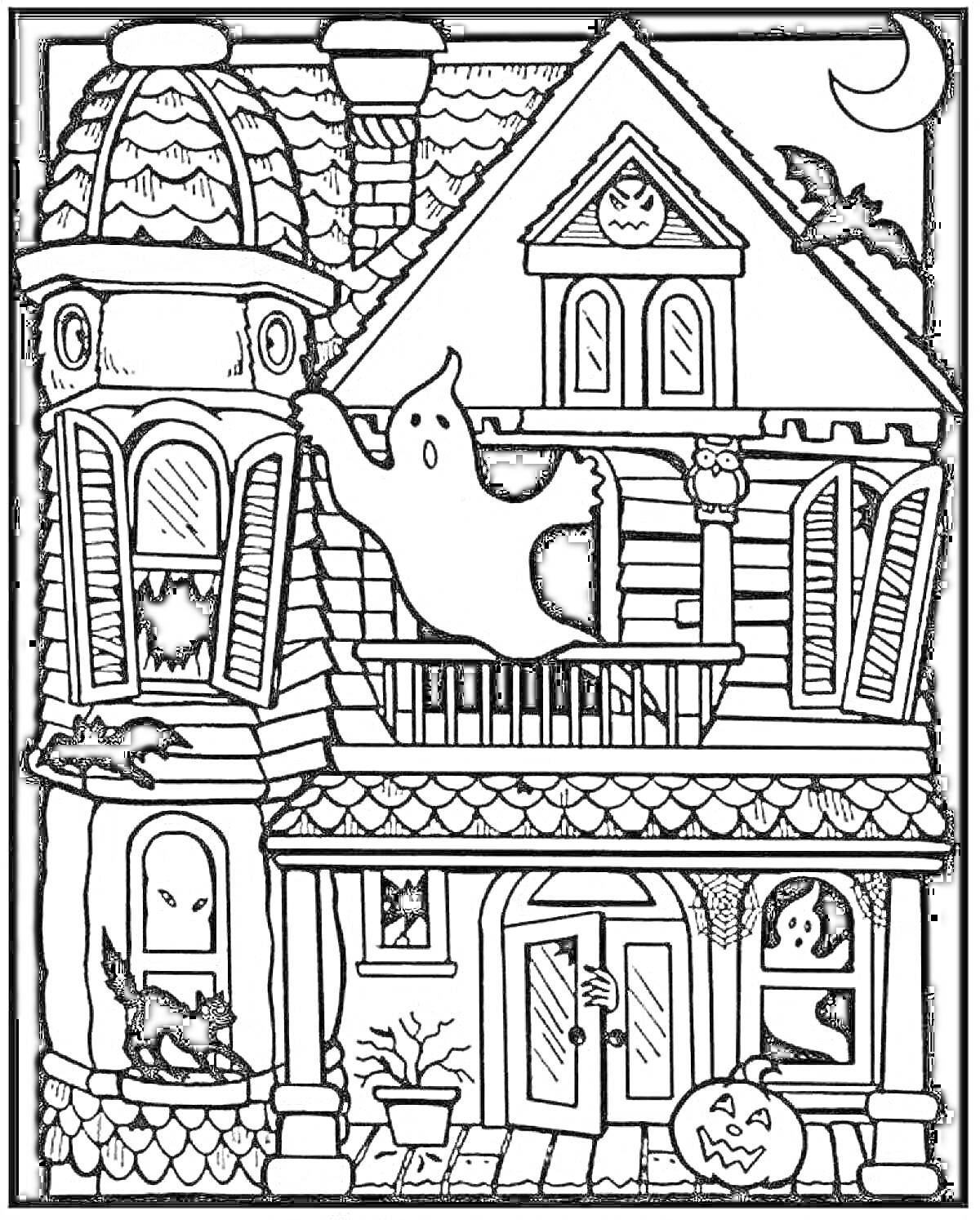 На раскраске изображено: Дом с привидениями, Кот, Тыква, Летучая мышь, Паутина, Сова, Луна, Хэллоуин, Ночь, Страх