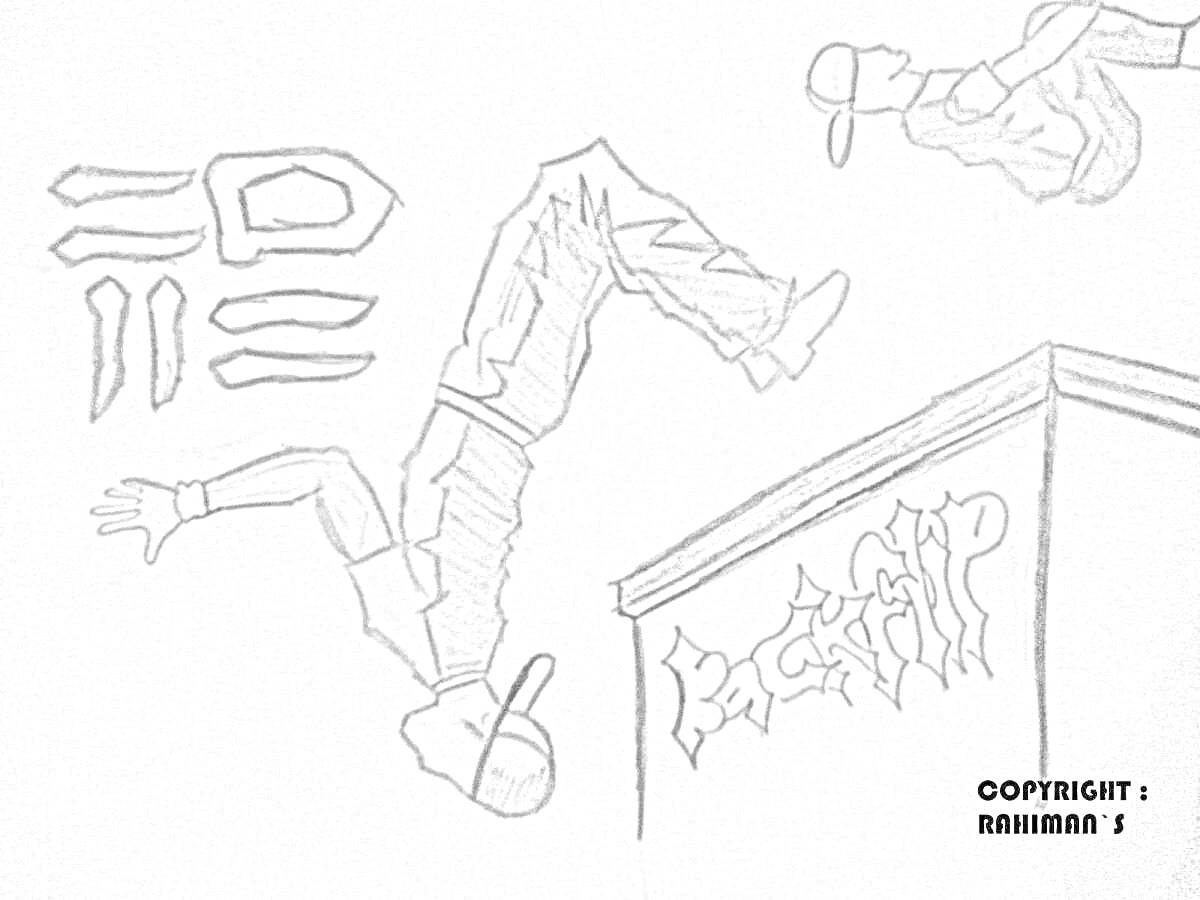 Раскраска Человек выполняет сальто назад с крыши, граффити на здании, символы на стене