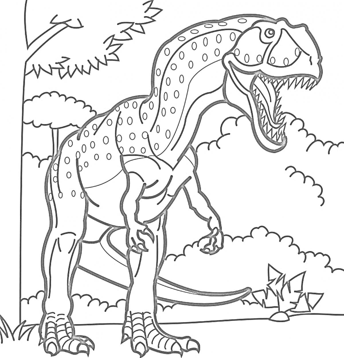 На раскраске изображено: Динозавр, Лес, Для мальчиков, Открытая пасть, Деревья, Облака, Древние животные