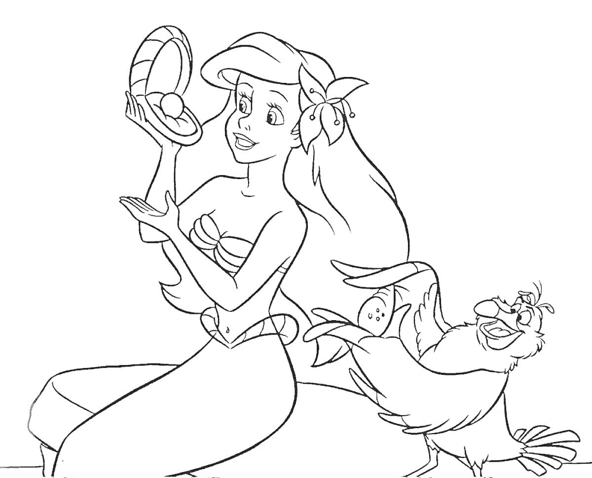 Раскраска Ариэль с зеркальцем и Себастьяном - русалочка смотрится в зеркало на фоне морского друга