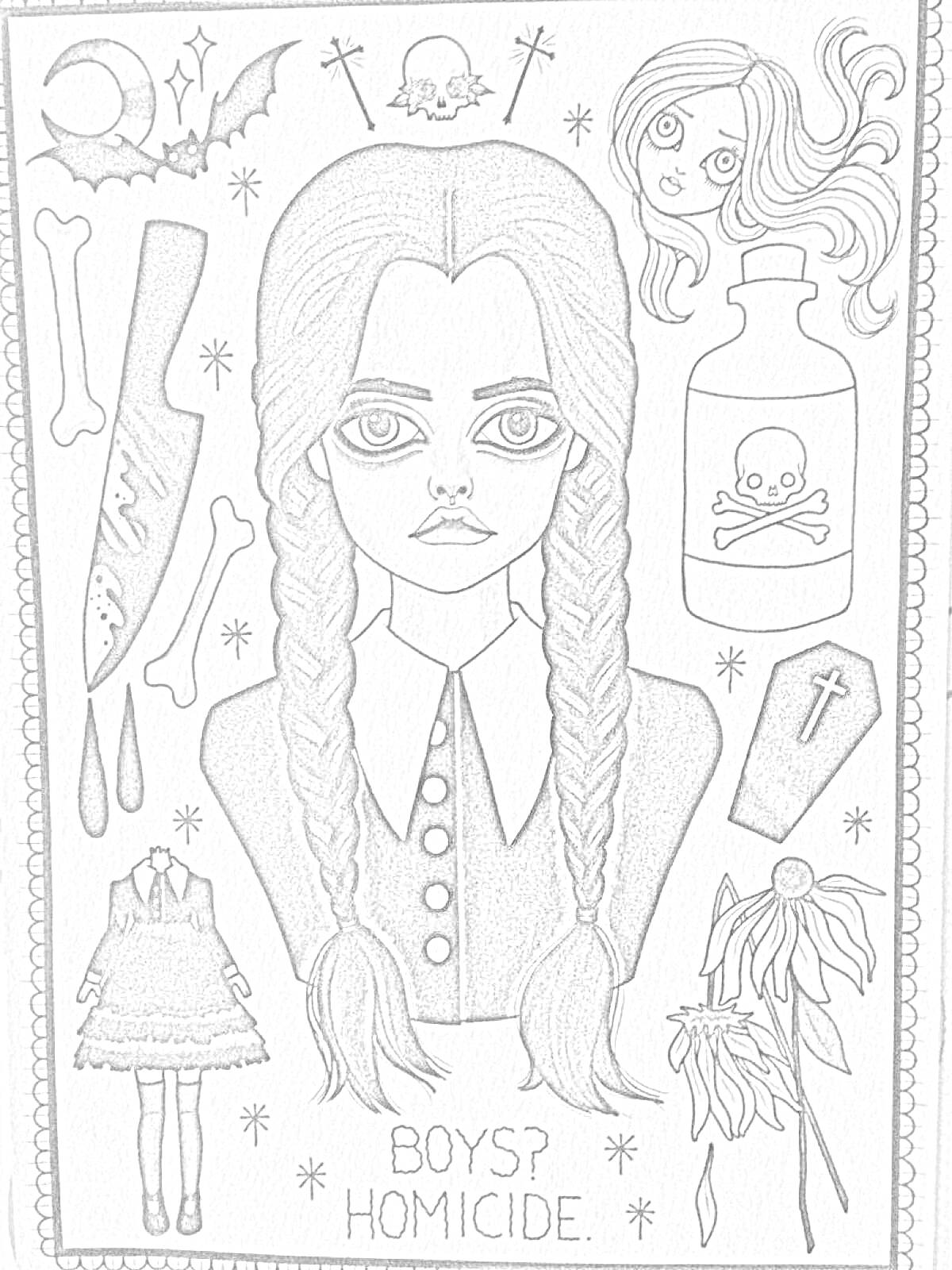 Раскраска Венсдей Аддамс с косичками, ножницы, летучая мышь, черепа, кости, кукла, бутылка с ядом, гроб, сухие цветы, текст 