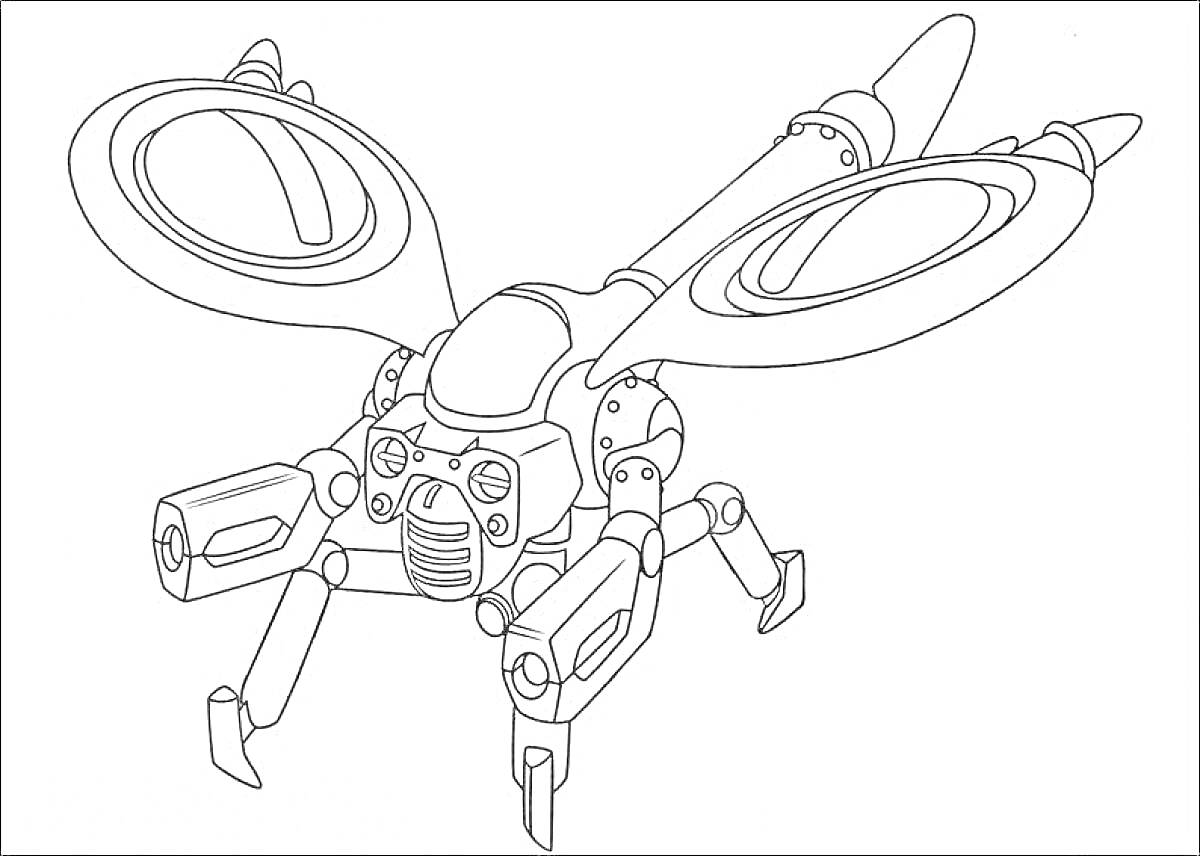 Раскраска Дрон убийца с двумя крупными винтовыми двигателями, мощным корпусом и несколькими сенсорами
