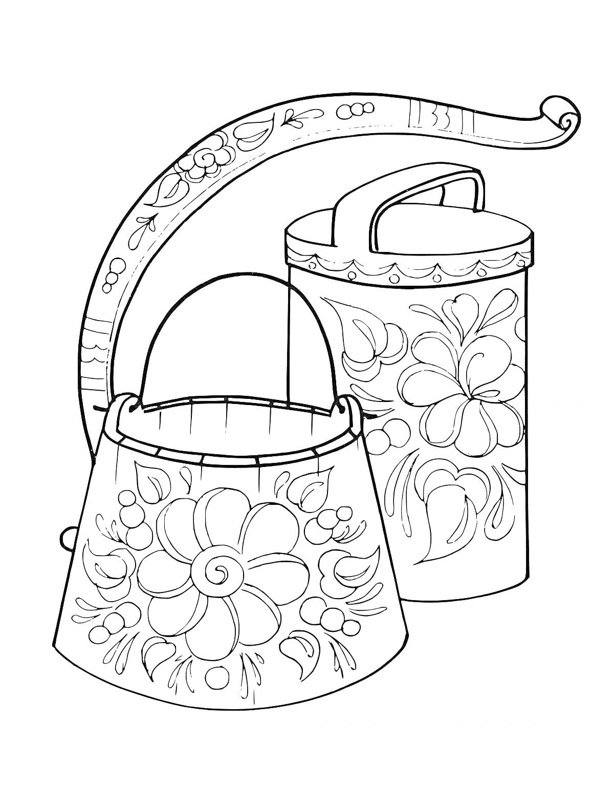 Раскраска Народные промыслы с ведрами и коромыслом, украшенные цветочными орнаментами