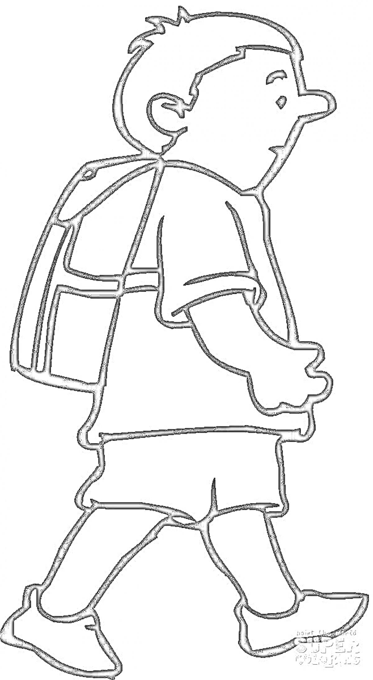 На раскраске изображено: Мальчик, Рюкзак, Шорты