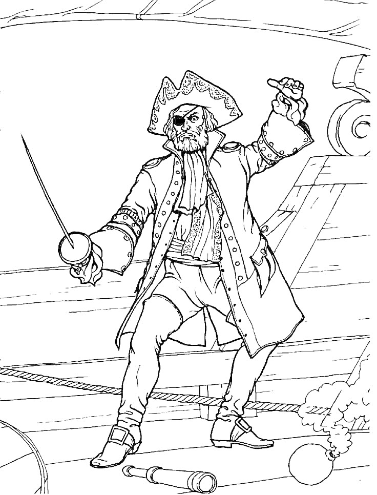 Раскраска Пират с повязкой на глазу и шпагой на корабле, подзорная труба и ядро на полу