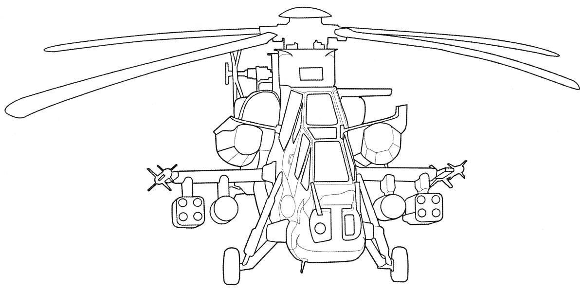 Раскраска Военный вертолет с ротором и вооружением