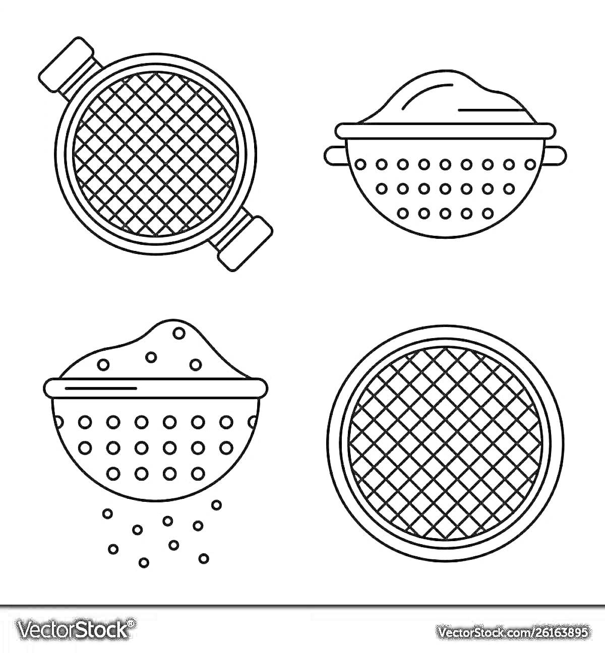 Раскраска Изображения сит для детей. Верхнее левое: сито с ручками, верхнее правое: сито с однообразными отверстиями, нижнее левое: сито с отверстиями и падающими частицами, нижнее правое: круговое сито с сеткой.