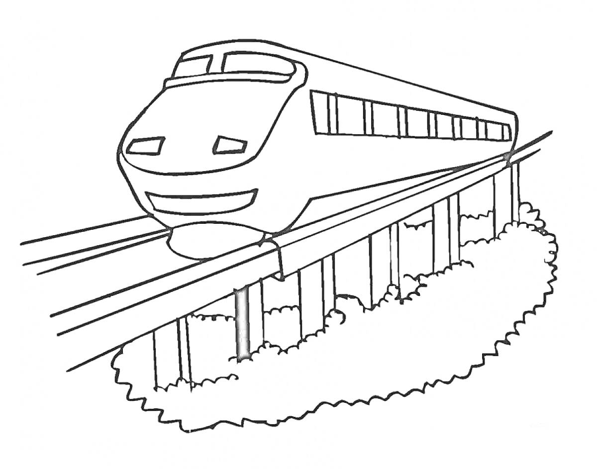 Раскраска Поезд на высокоскоростной магистрали, мост, кустарники внизу, железнодорожные пути