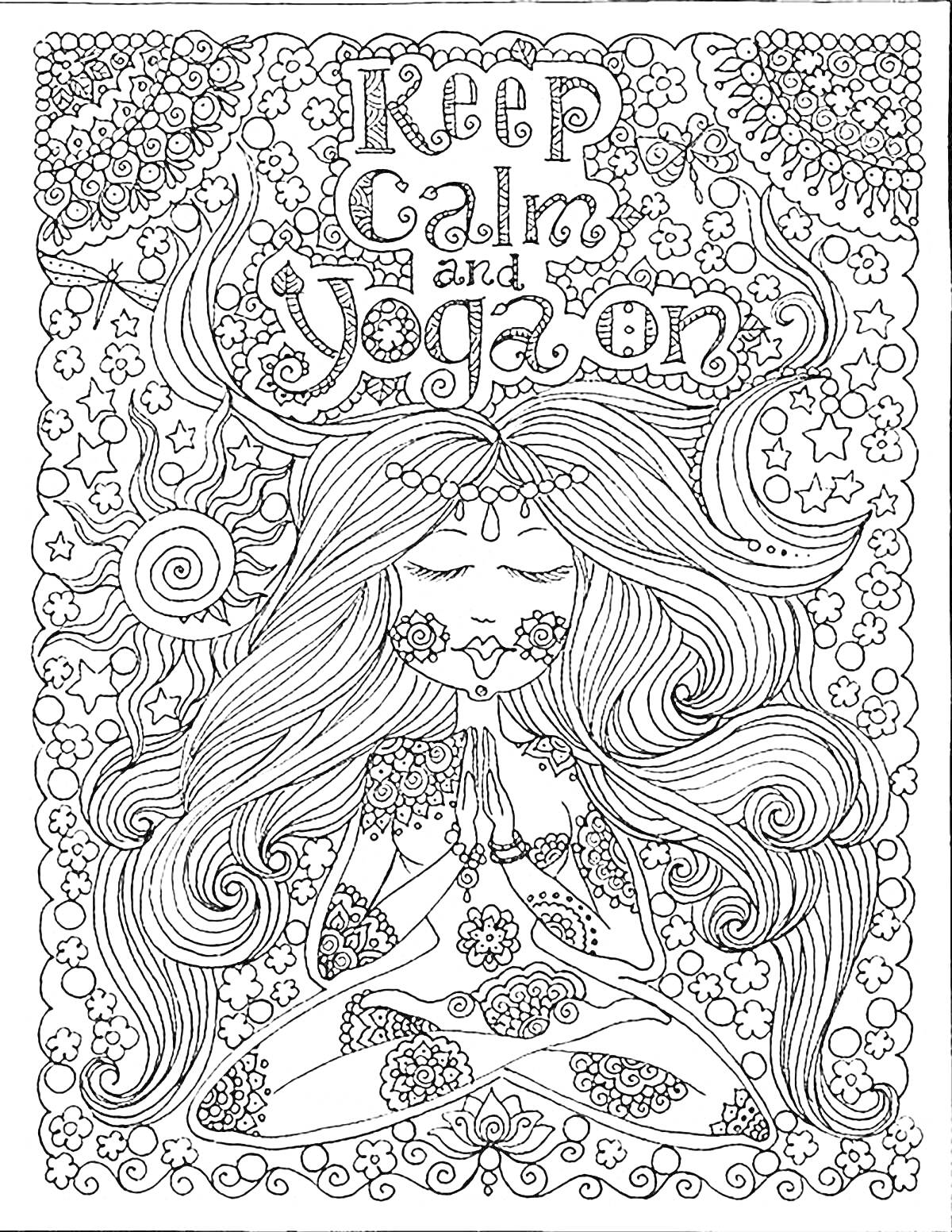 Раскраска Дева в позе йоги с длинными распущенными волосами, окружена цветами и узорами, надпись 