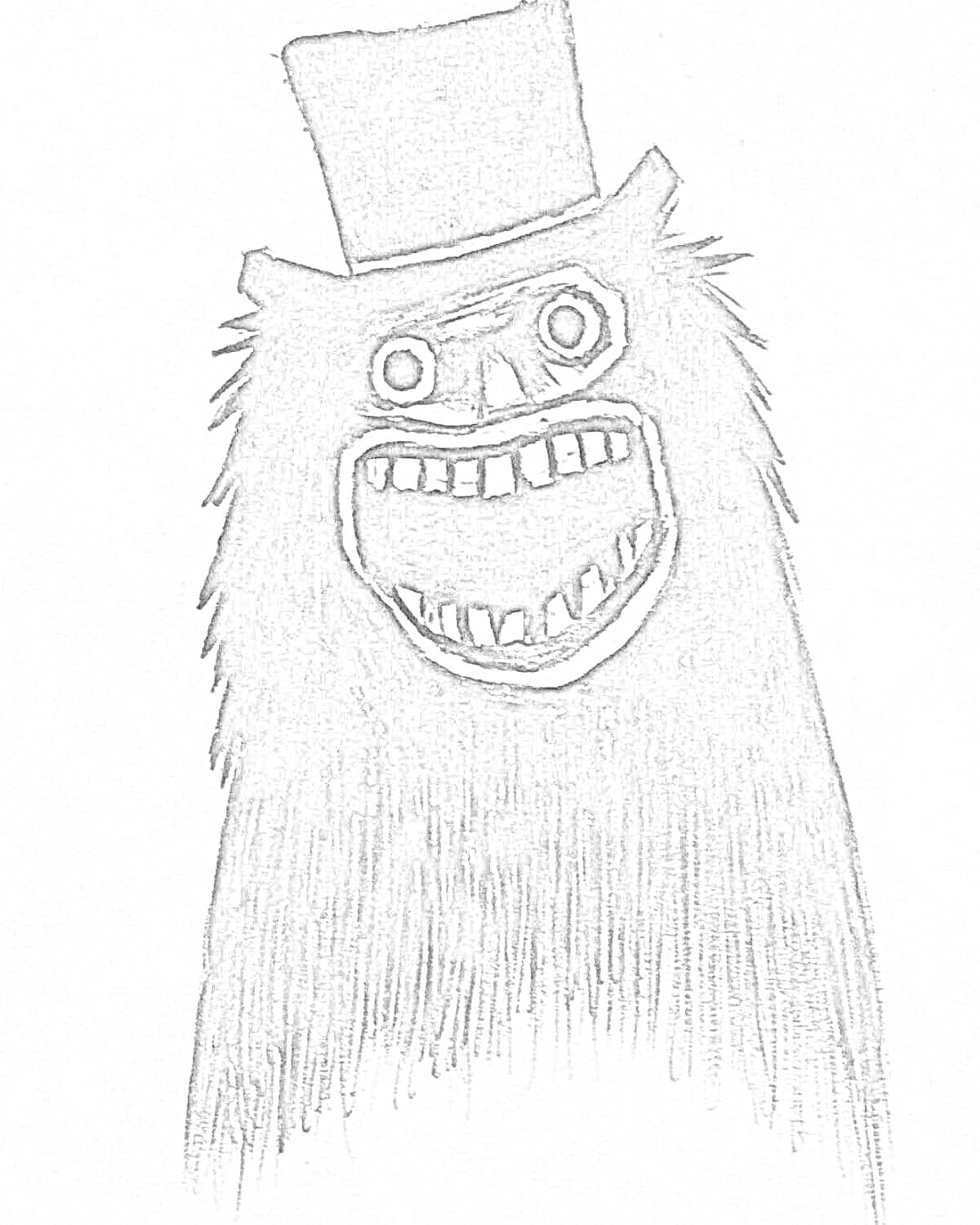 На раскраске изображено: Бабадук, Существо, Цилиндр, Острые зубы, Открытый рот, Темный, Монстр, Ужастик