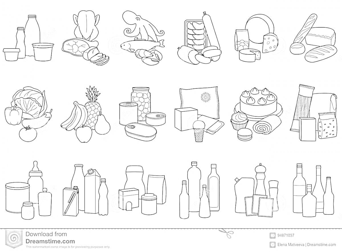 Раскраска Продукты в продовольственном магазине - молочные продукты, рыба и морепродукты, колбасы, хлебобулочные изделия, овощи, фрукты, консервы, крупы и мучные изделия, напитки в бутылках и пакетах.
