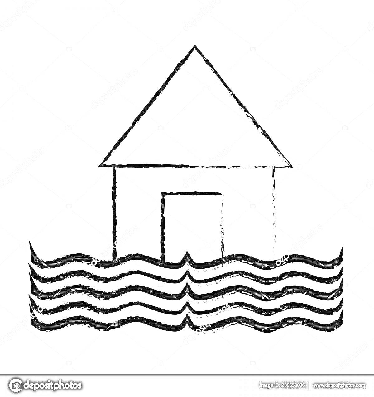 Раскраска Дом, частично затопленный водой