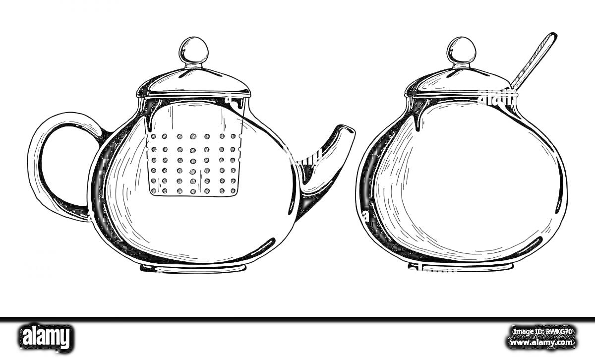 Раскраска Чайник и сахарница с ложкой