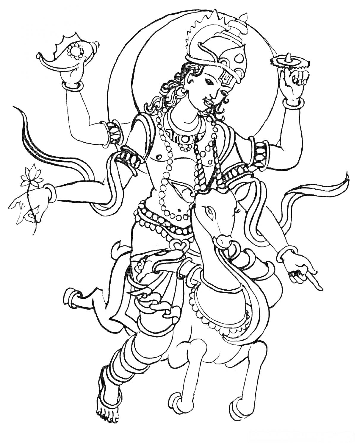Раскраска Бог с цветком в руке, держащий предметы, верхом на животном