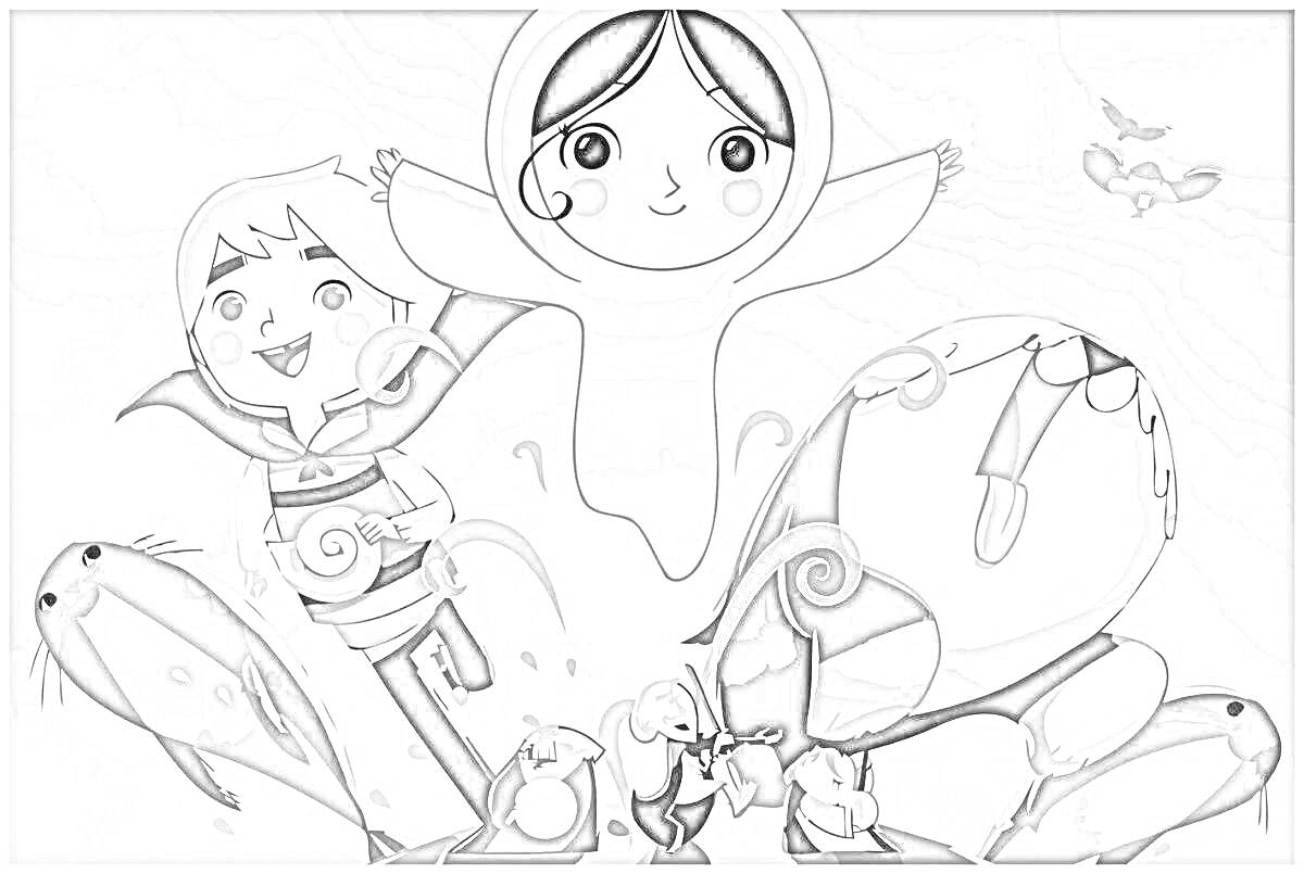 На раскраске изображено: Подводный мир, Мальчик, Девочка, Плащ, Хвост, Тюлень, Сова