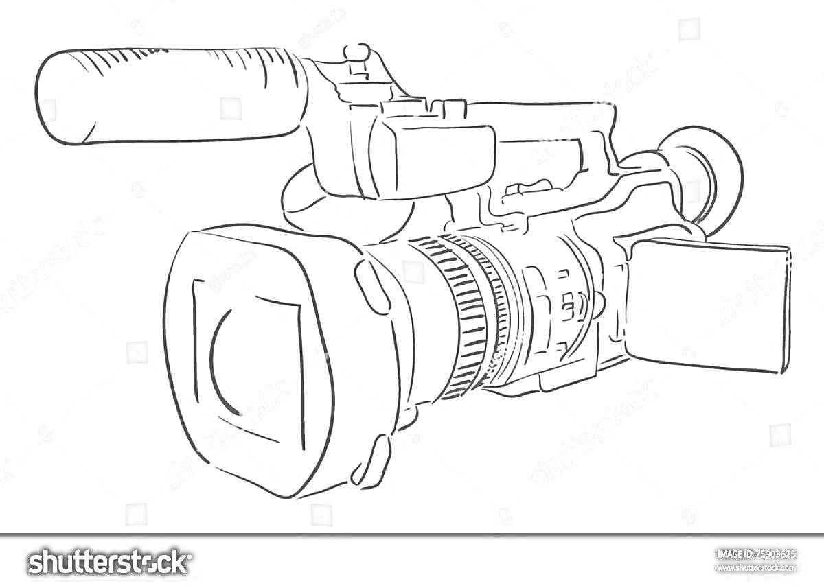 На раскраске изображено: Видеокамера, Микрофон, Объектив, Техника, Съёмка, Контурные рисунки