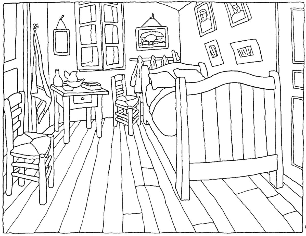 На раскраске изображено: Комната, Стол, Окна, Интерьер, Мебель, Деревянный пол
