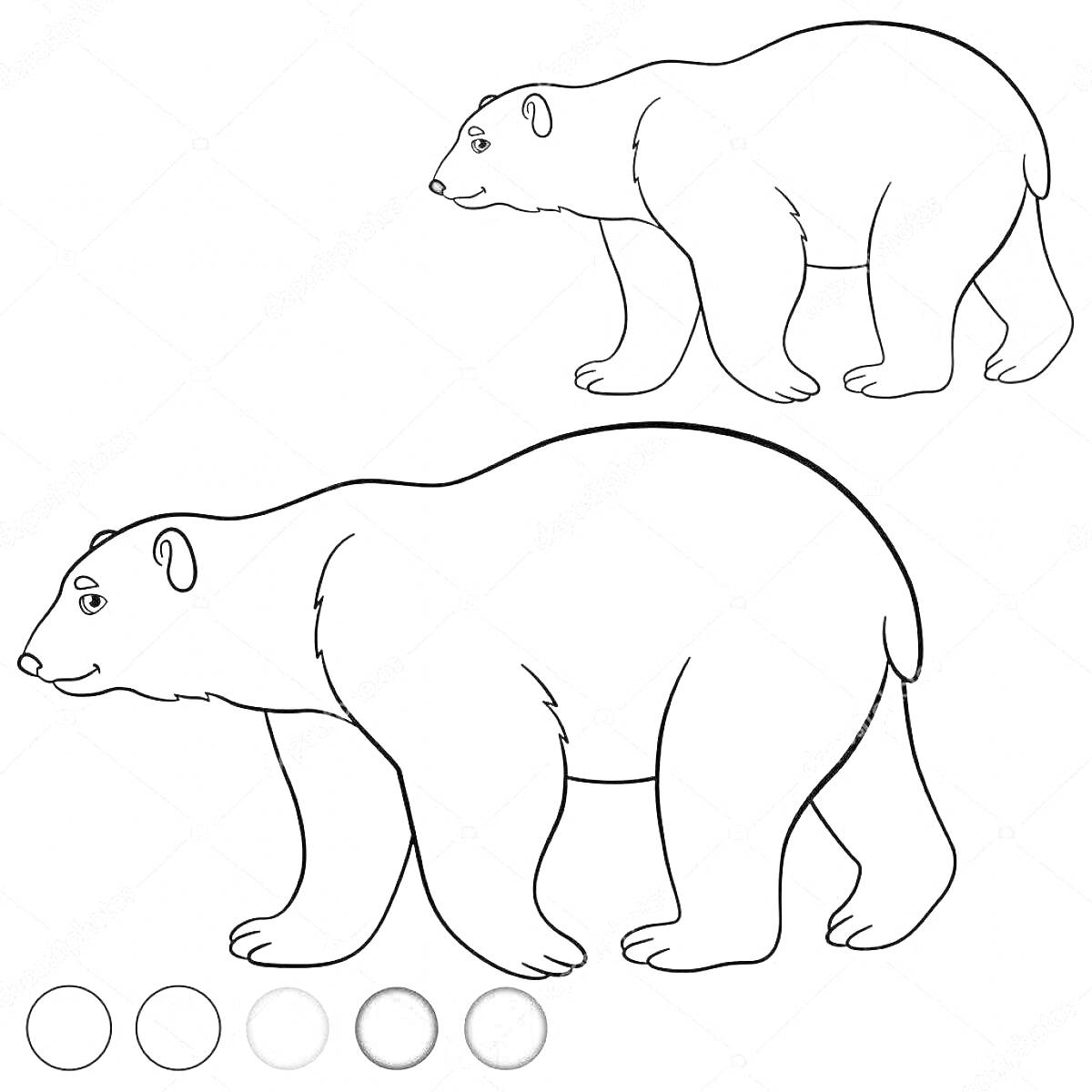 Раскраска Раскраска с белым медведем для детей дошкольного возраста, включает изображение двух разных медведей и палитру серых оттенков