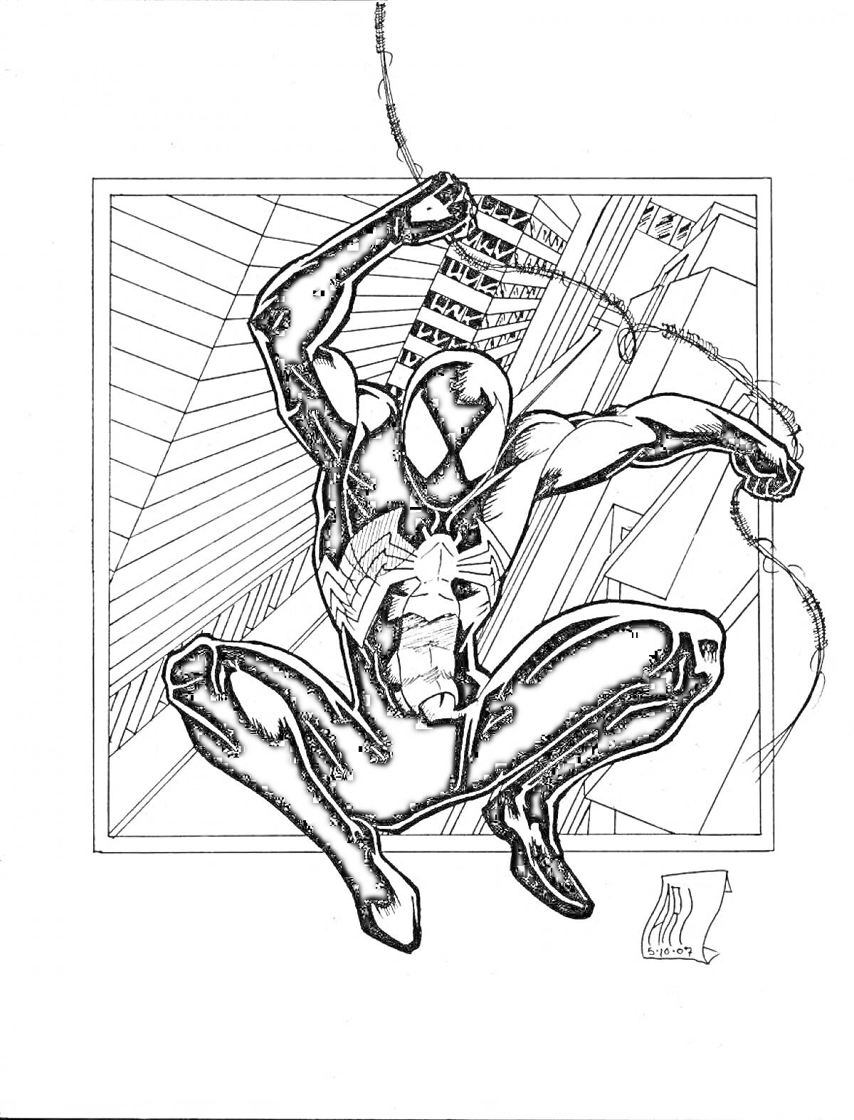 Раскраска Человек-паук в черном костюме на фоне зданий и паутины