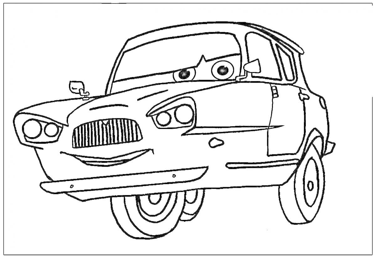 Раскраска Финн Макмисл из мультфильма, едущий автомобиль с глазами, улыбающийся