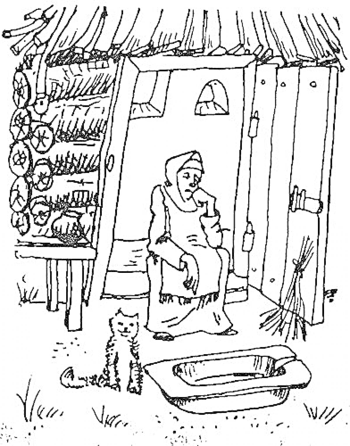 Раскраска Старуха сидит у крыльца деревянного дома с котом и корытом