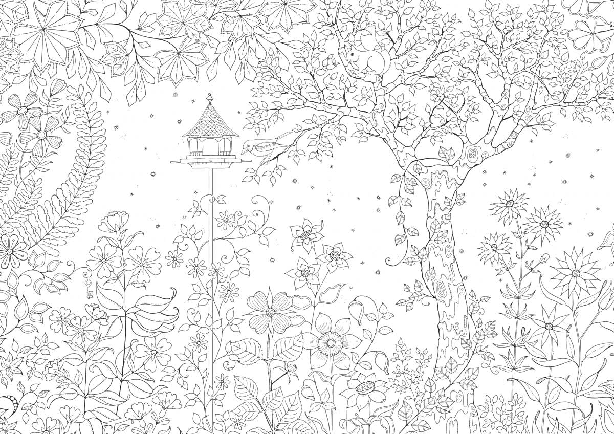 Раскраска Волшебный лес с цветами, деревом и домиком на дереве