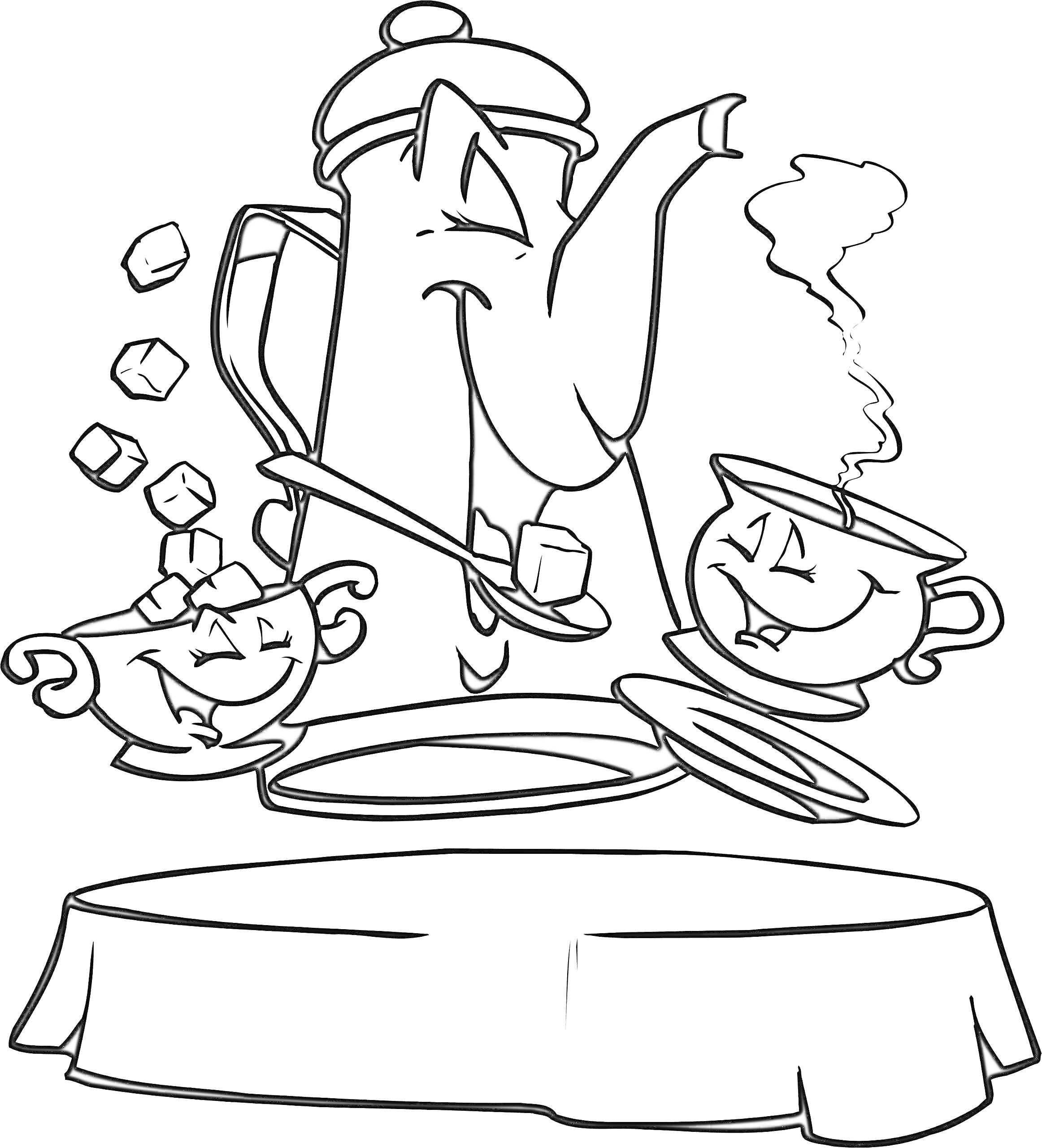  Радостный чайник с чашками и кубиками сахара на столе