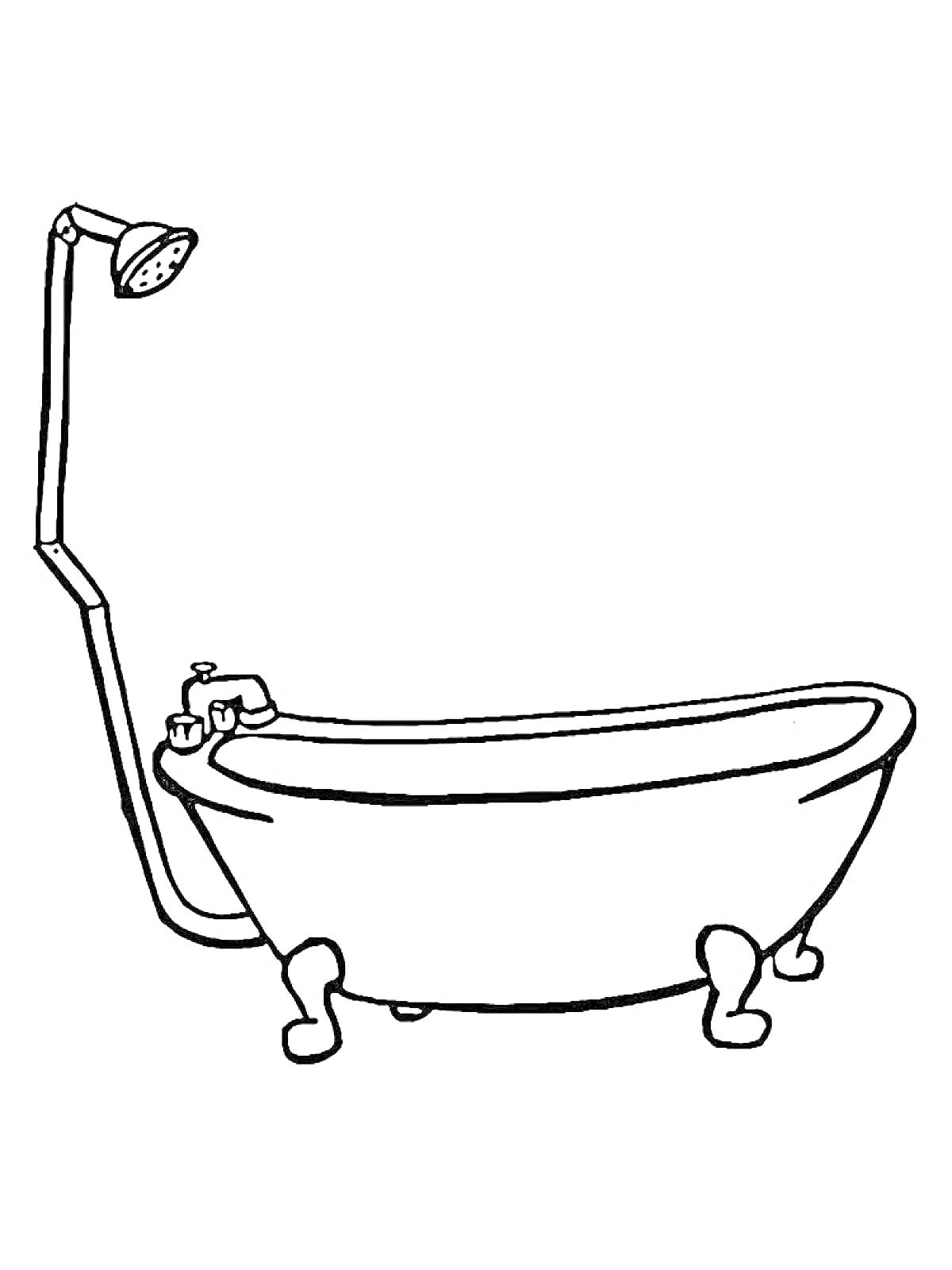 На раскраске изображено: Ванна, Душ, Ножки, Сантехника, Кран, Вода, Ванная комната