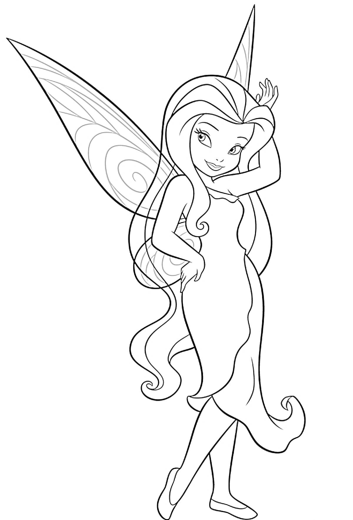 Раскраска Фея с длинными волосами и крыльями