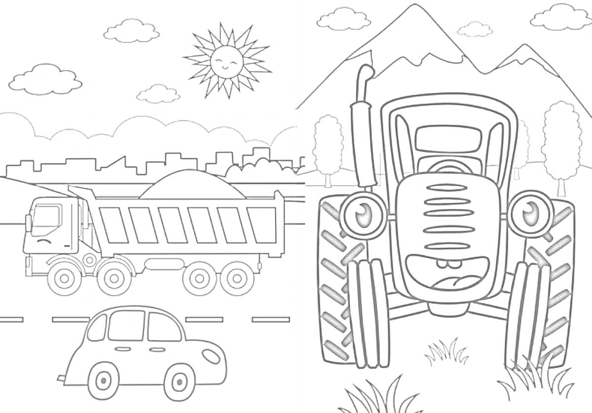 Раскраска Синий трактор с грузовиком, легковым автомобилем, горами, облаками, солнцем и зеленью