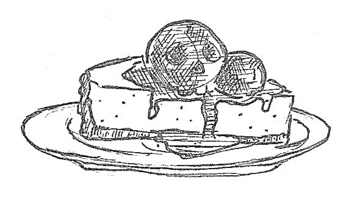 Раскраска Чизкейк с шариками мороженого на тарелке