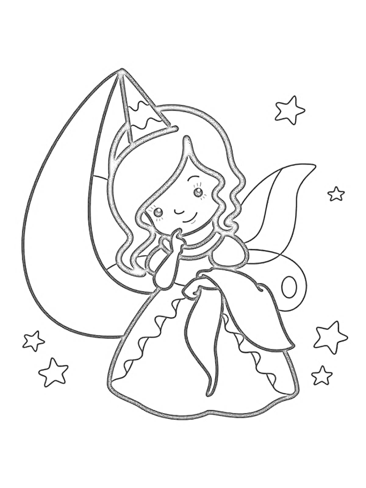 Раскраска Фея в праздничном колпаке с бантом на платье, звезды на фоне